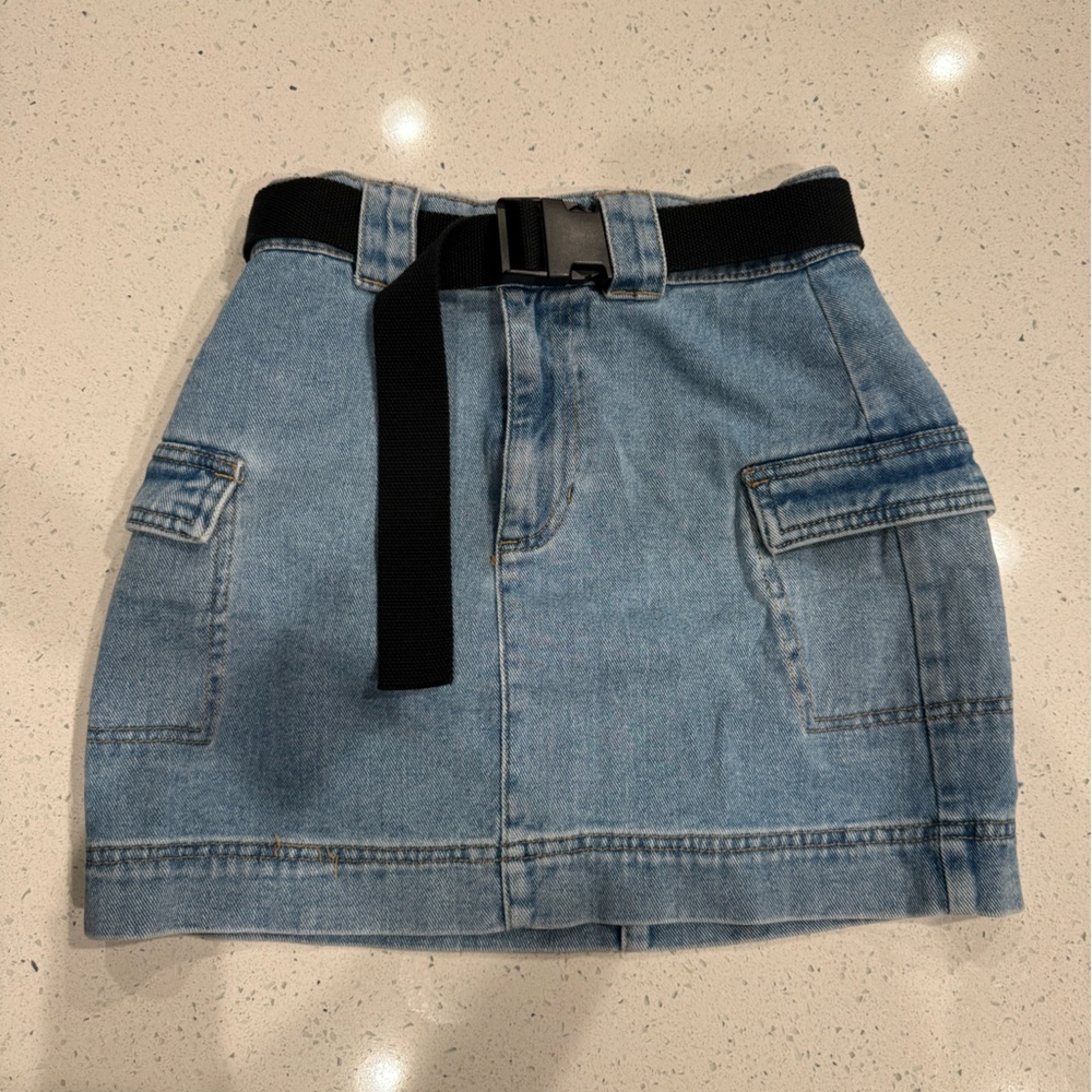 PacSun Light Blue Denim Mini Skirt with Black Web Belt